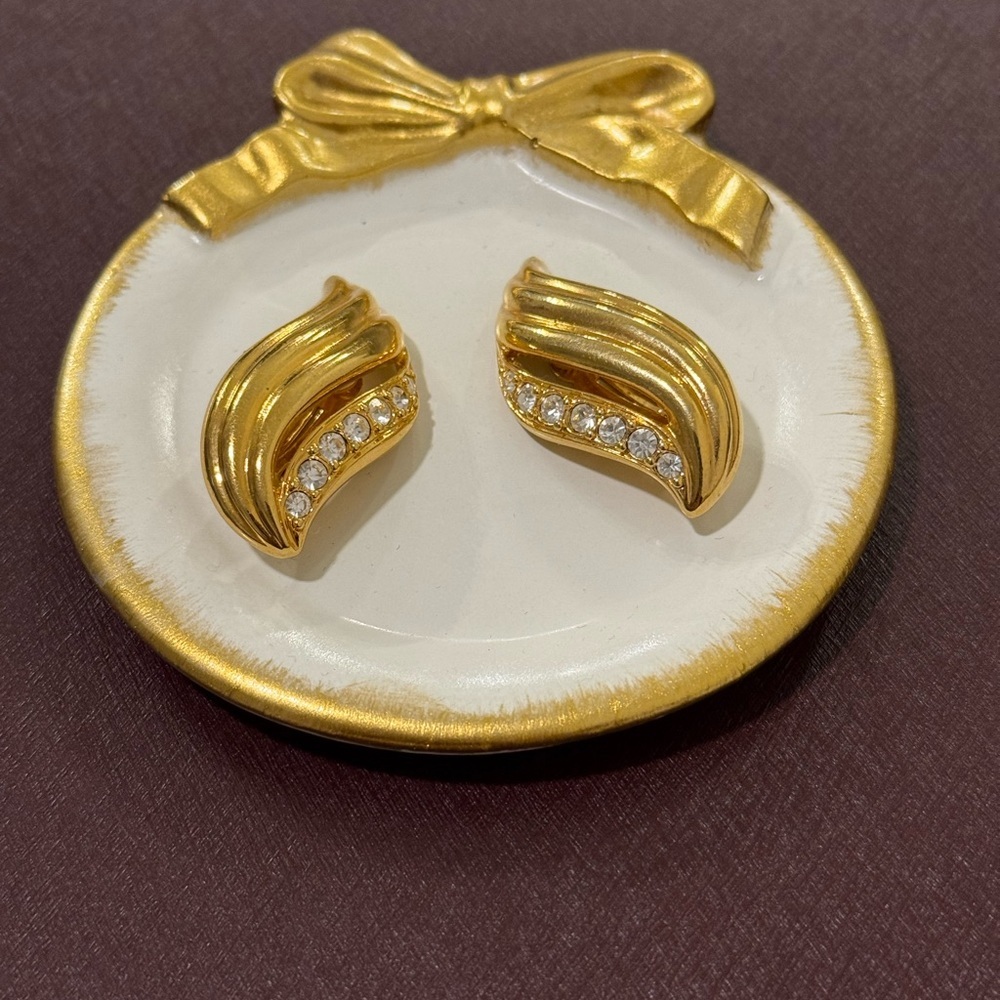 Avon Gold Tone Clip On Earrings with Rhinestone Accents